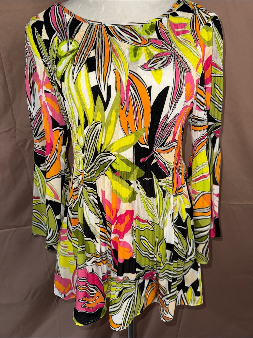Ninety Floral Tunic Top in Neon Yellow, Pink, Orange, Black, White